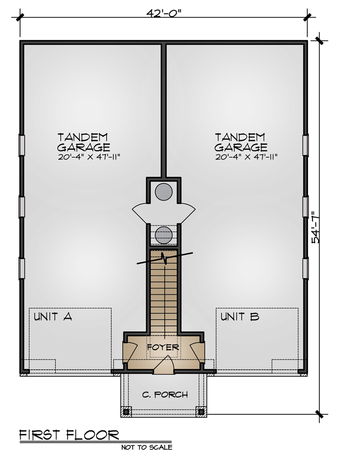 Duplex house plan with 2 car tandem garage